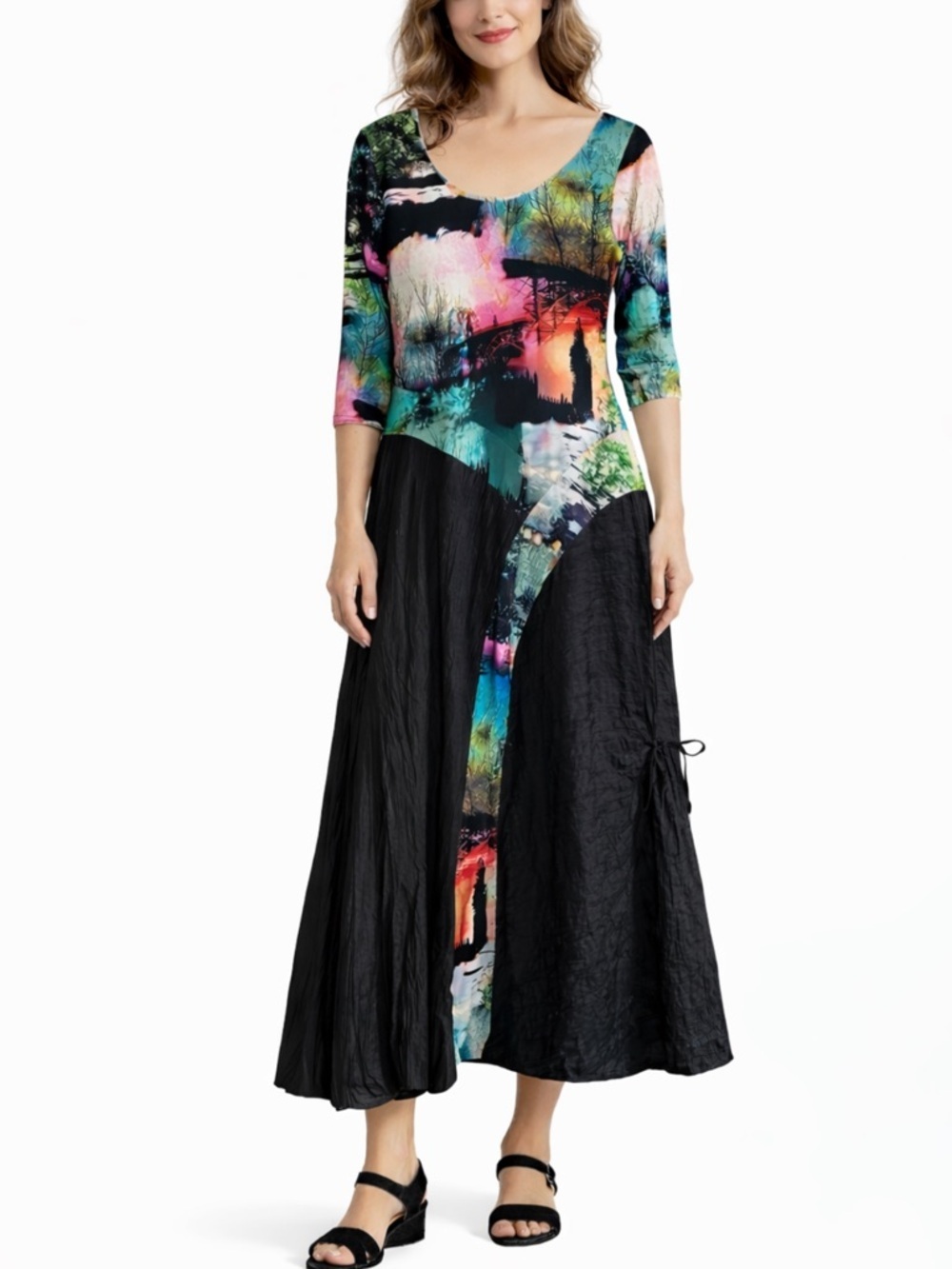 Viviana Gabeiras XL Art to Wear Cityscape Print Midi Dress Asymm Ruched Hem
